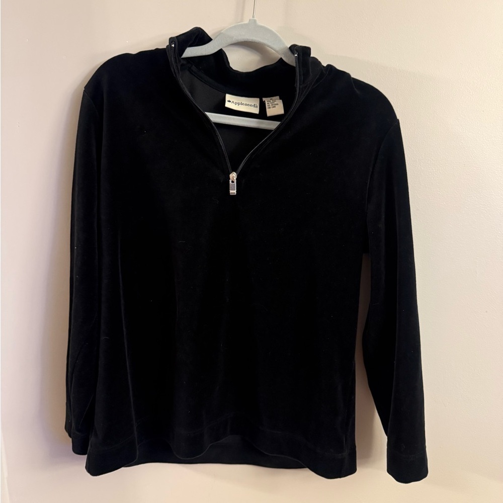 Appleseed’s Black Velour Quarter Zip Top Womens Medium Mock Neck Long Sleeve